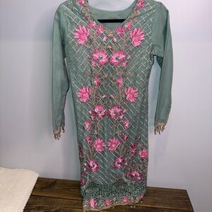 Long Sleeve Floral Lehenga Dress in Green and Pink